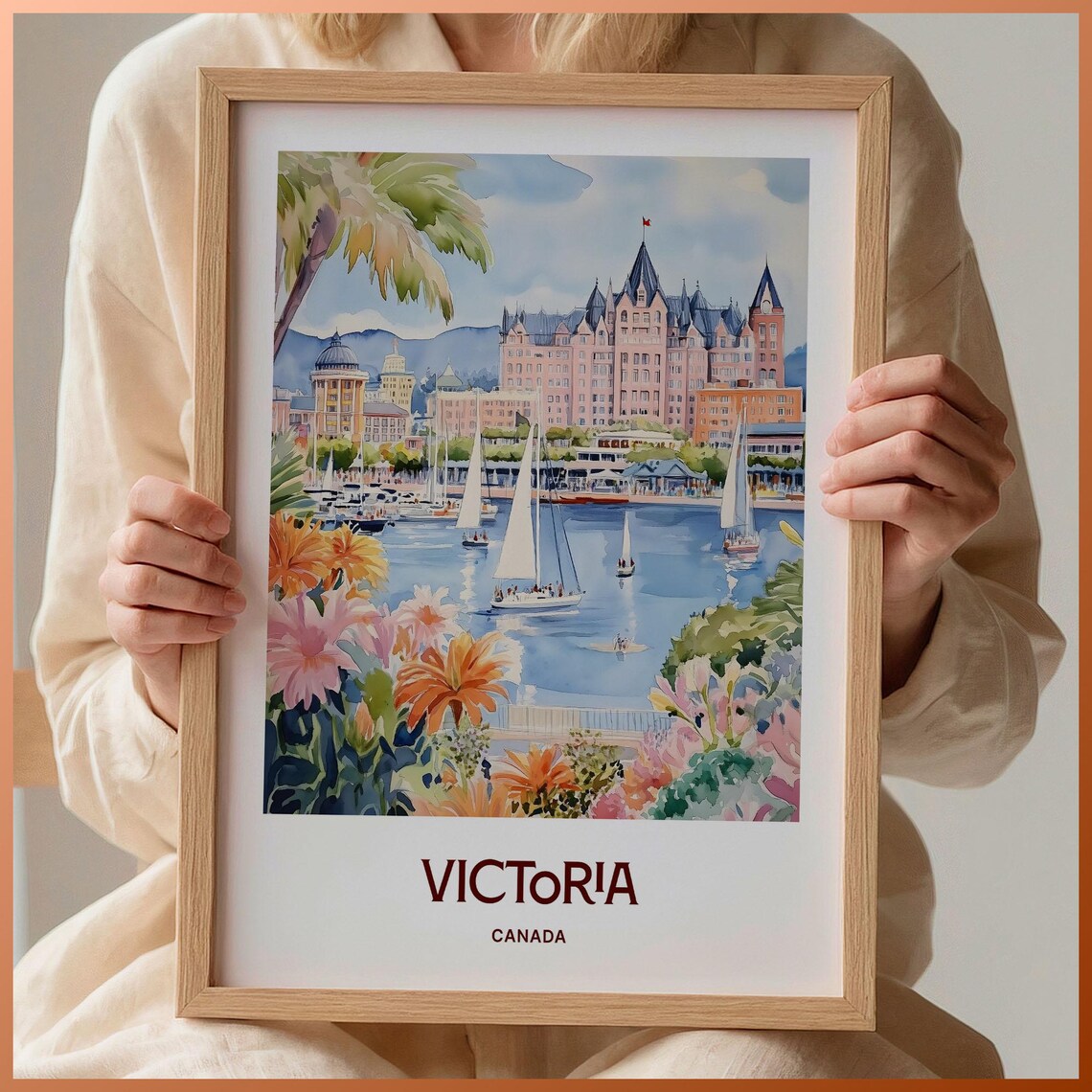 Victoria Canada Watercolor Harbor Sailboats Flowers City Skyline Poster