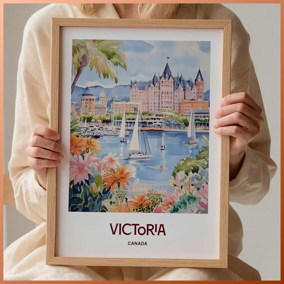 Victoria Canada Watercolor Harbor Sailboats Flowers City Skyline Poster