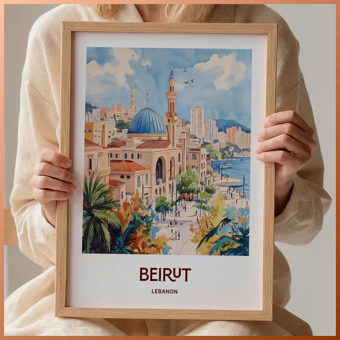 Beirut Lebanon Blue Dome Mosque Corniche Watercolor Travel Poster