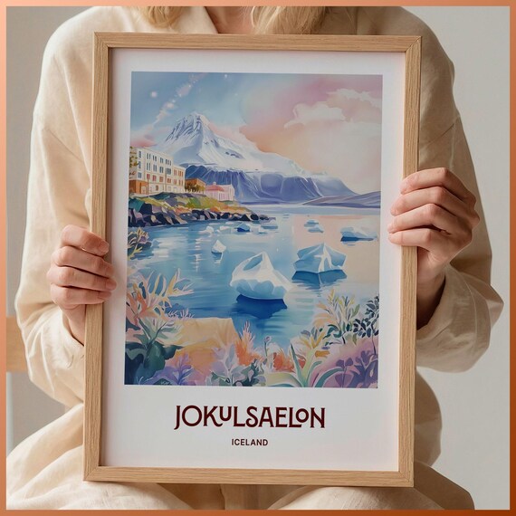 Jokulsaelon Iceland Watercolor Glacial Lagoon Icebergs Mountain View Poster