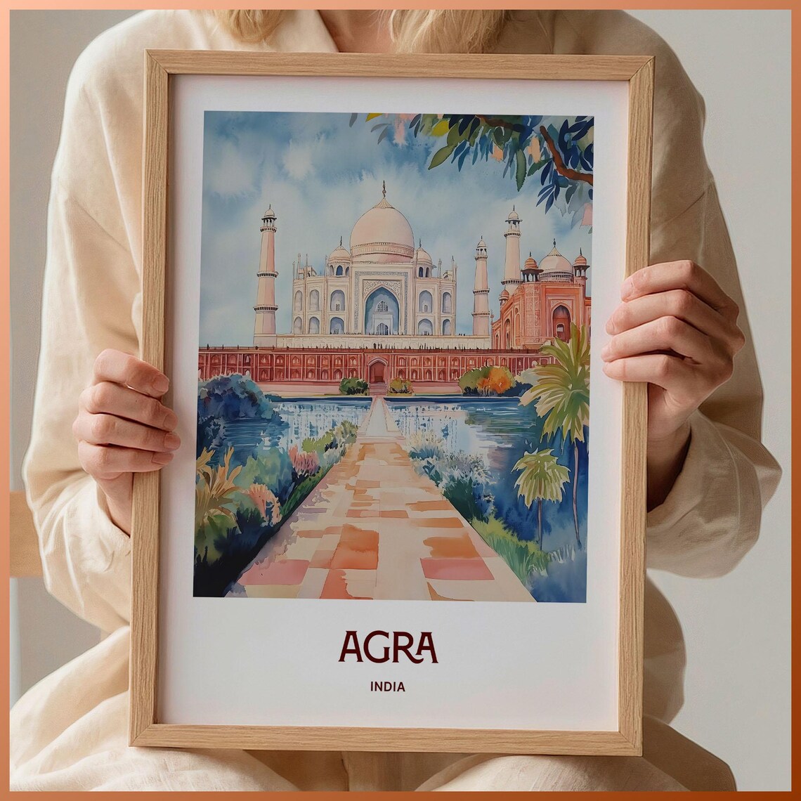 Agra India Taj Mahal Reflection Watercolor Iconic Landmark Travel Poster