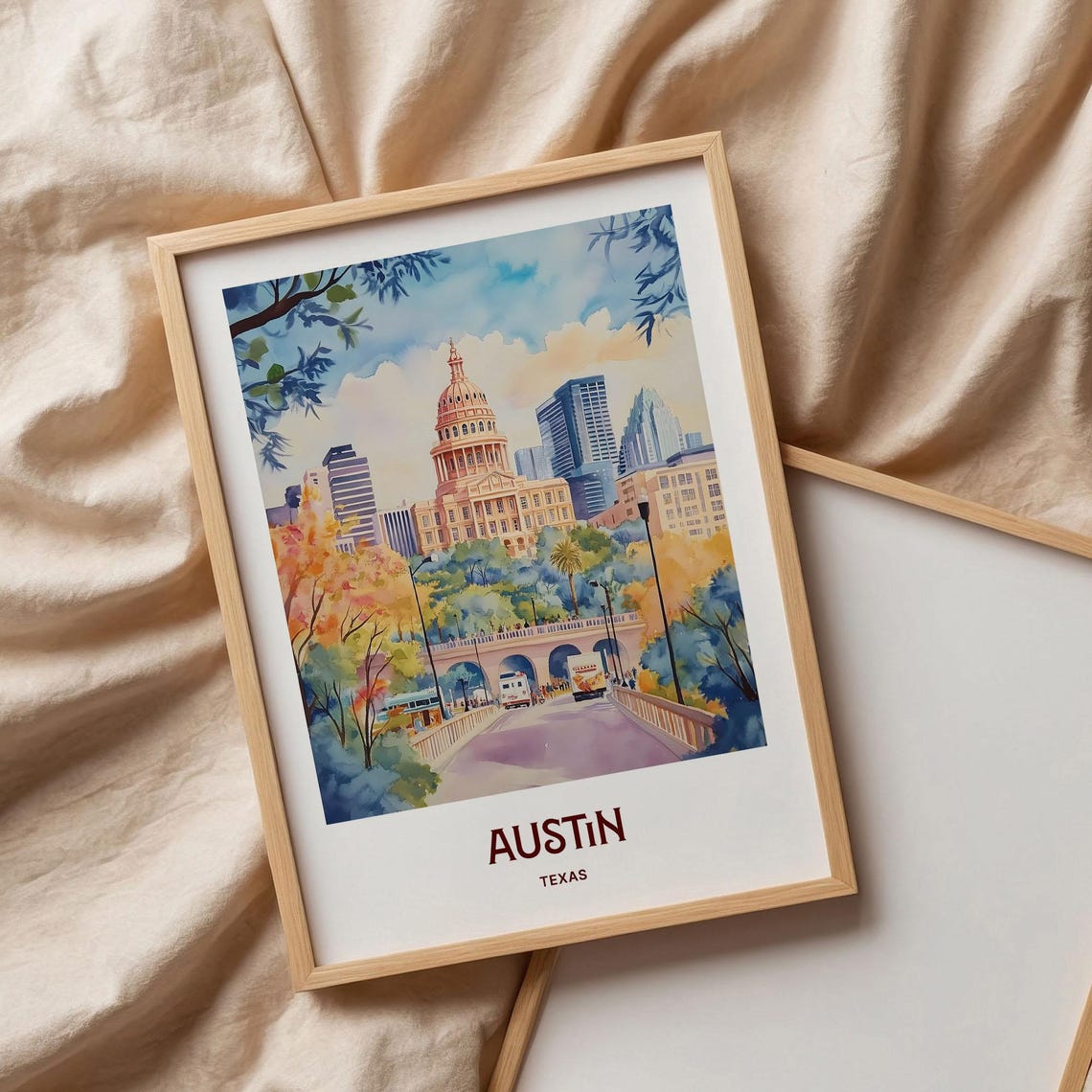 Austin Texas Capitol River Bridge Watercolor Cityscape Poster - Image 3