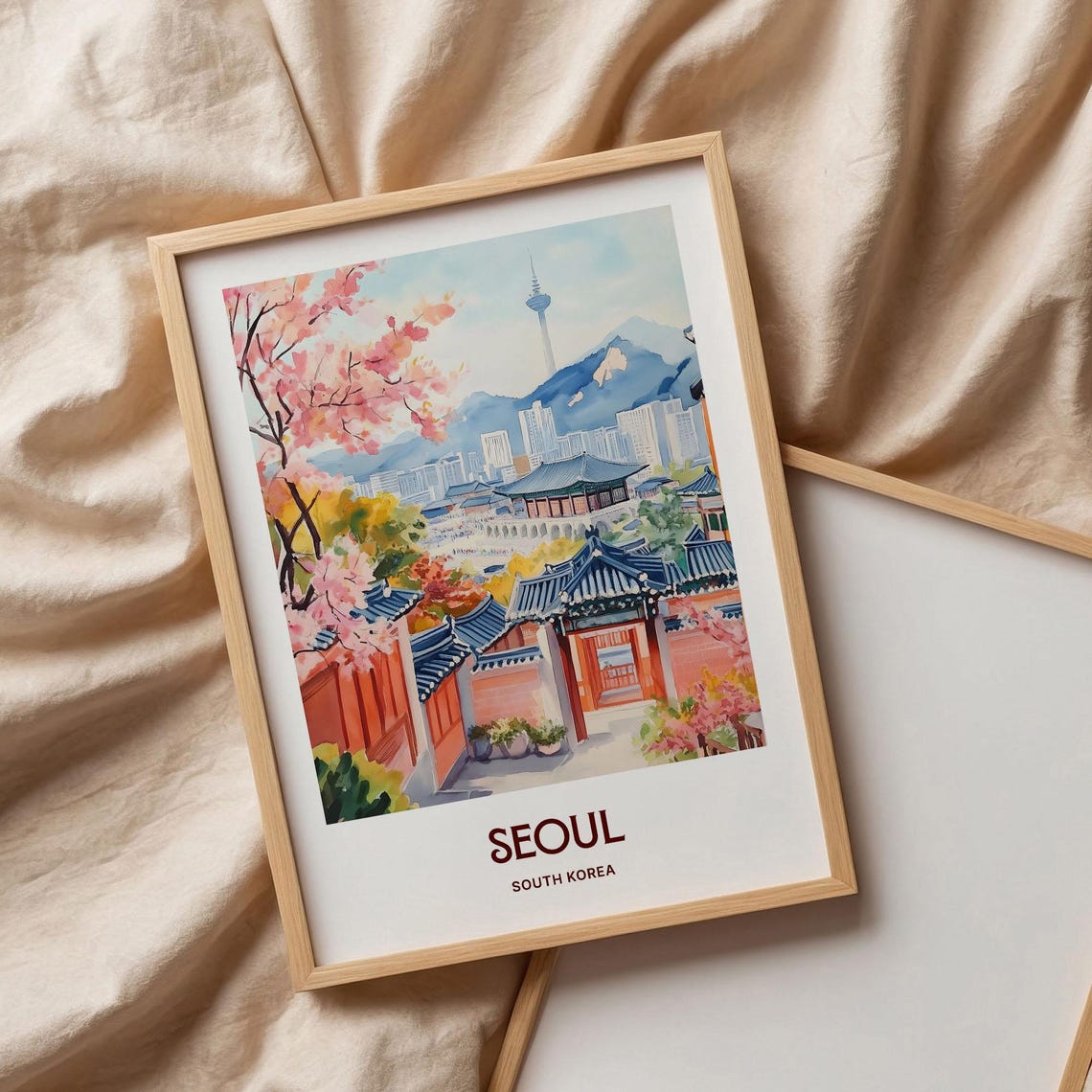 Seoul South Korea Cherry Blossom Palace Watercolor Travel Poster - Image 3