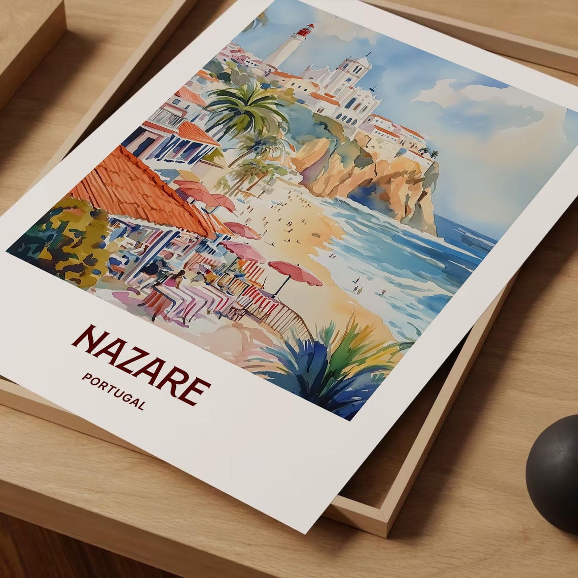 Nazare Portugal Pastel Beach Cliff Lighthouse Cityscape Poster - Image 2