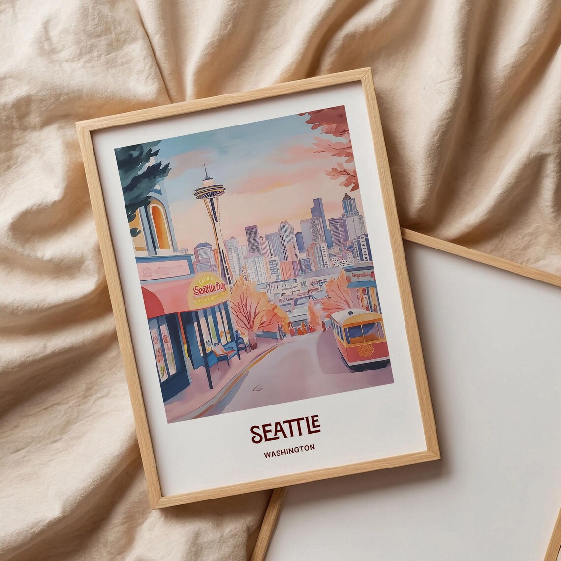 Seattle Washington Space Needle Skyline Trolley Watercolor Travel Poster - Image 3