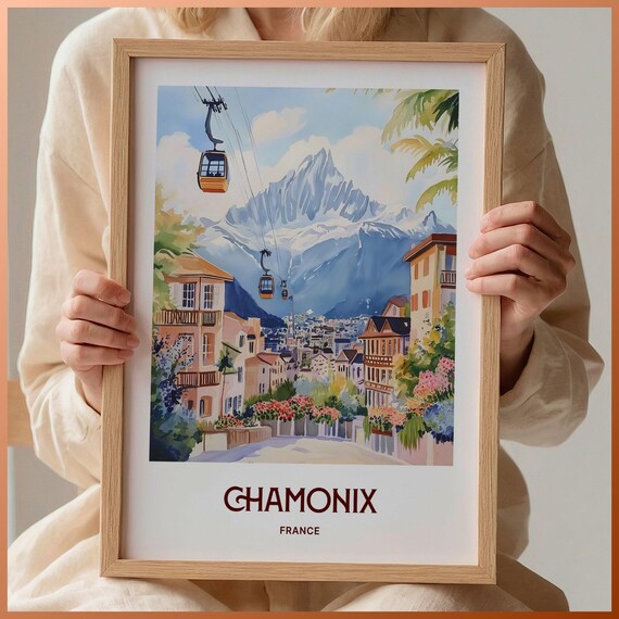 Chamonix France Ski Gondolas Alpine Resort Town Watercolor Poster