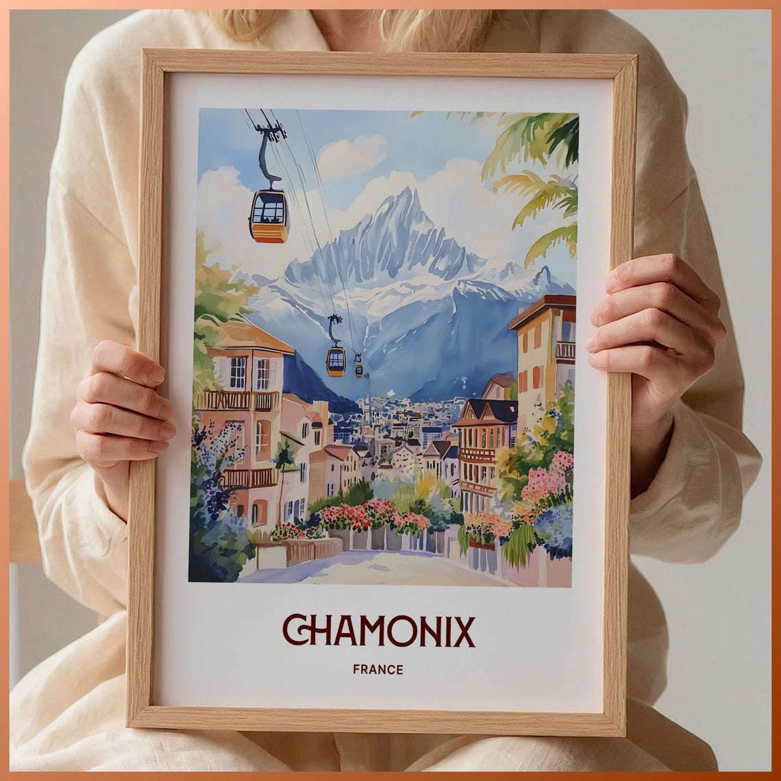 Chamonix France Ski Gondolas Alpine Resort Town Watercolor Poster
