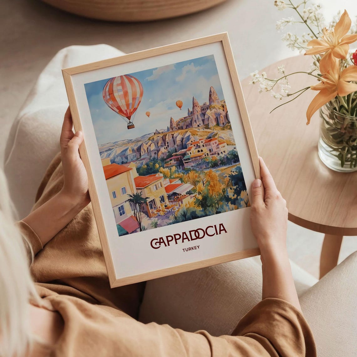 Cappadocia Turkey Hot Air Balloons Cave Rocks Watercolor Travel Poster - Image 5