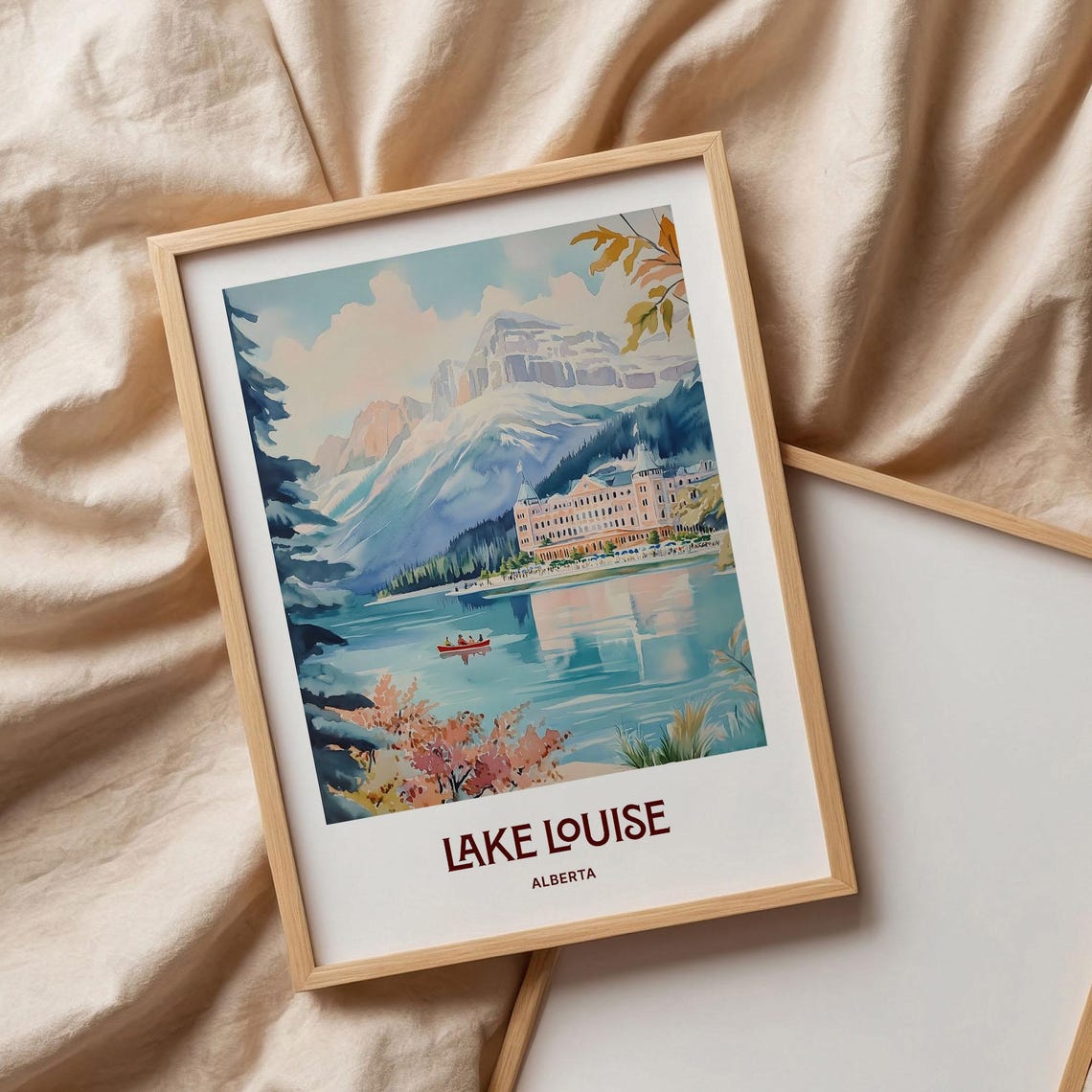 Lake Louise Alberta Canoe Mountain Lake Watercolor Art Poster - Image 3
