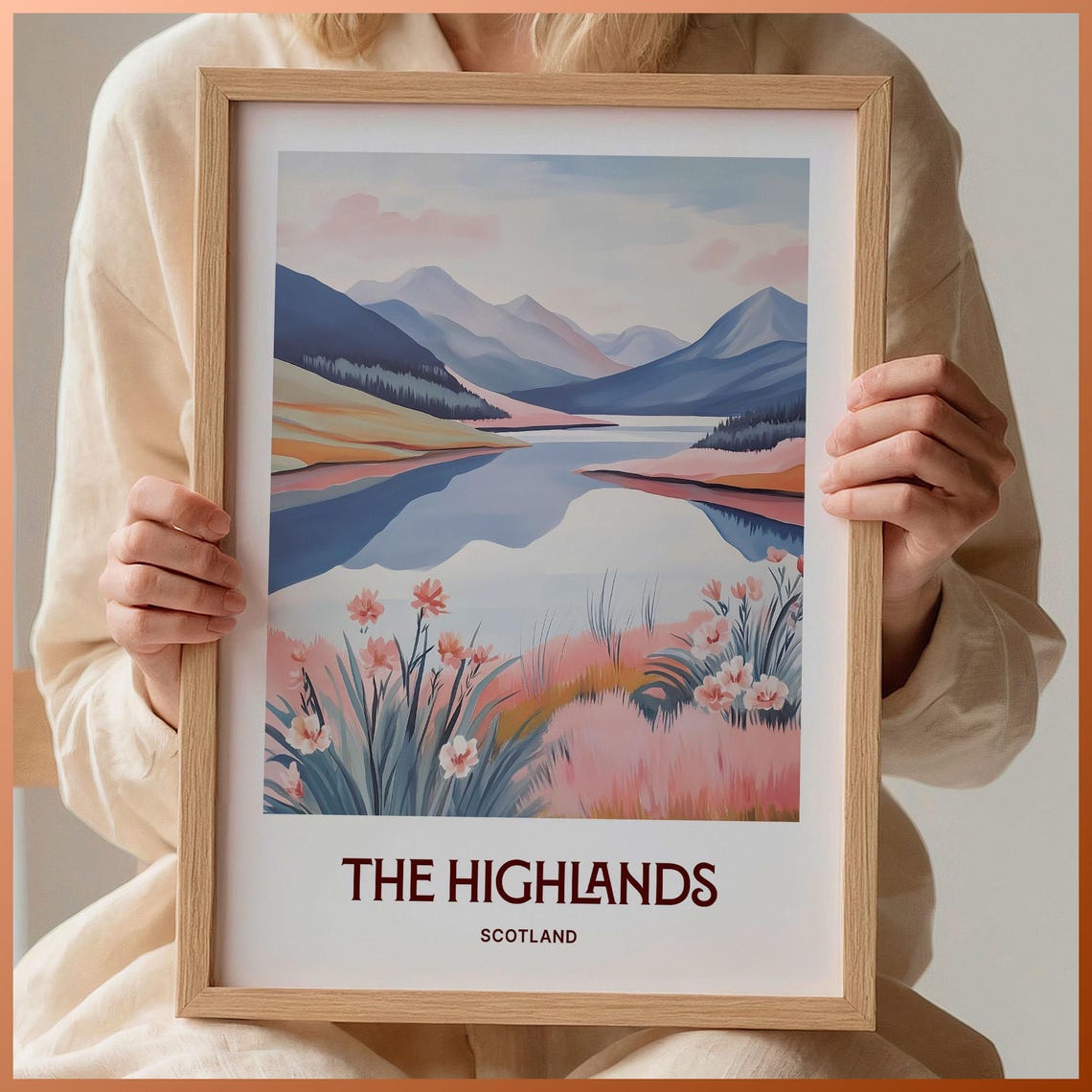 Scottish Highlands Loch Mountain Landscape Wildflower Poster