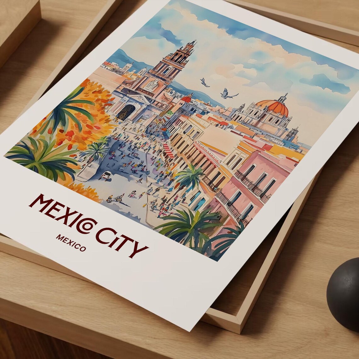 Mexico City Mexico Colonial Plaza Church Towers Watercolor Poster - Image 2