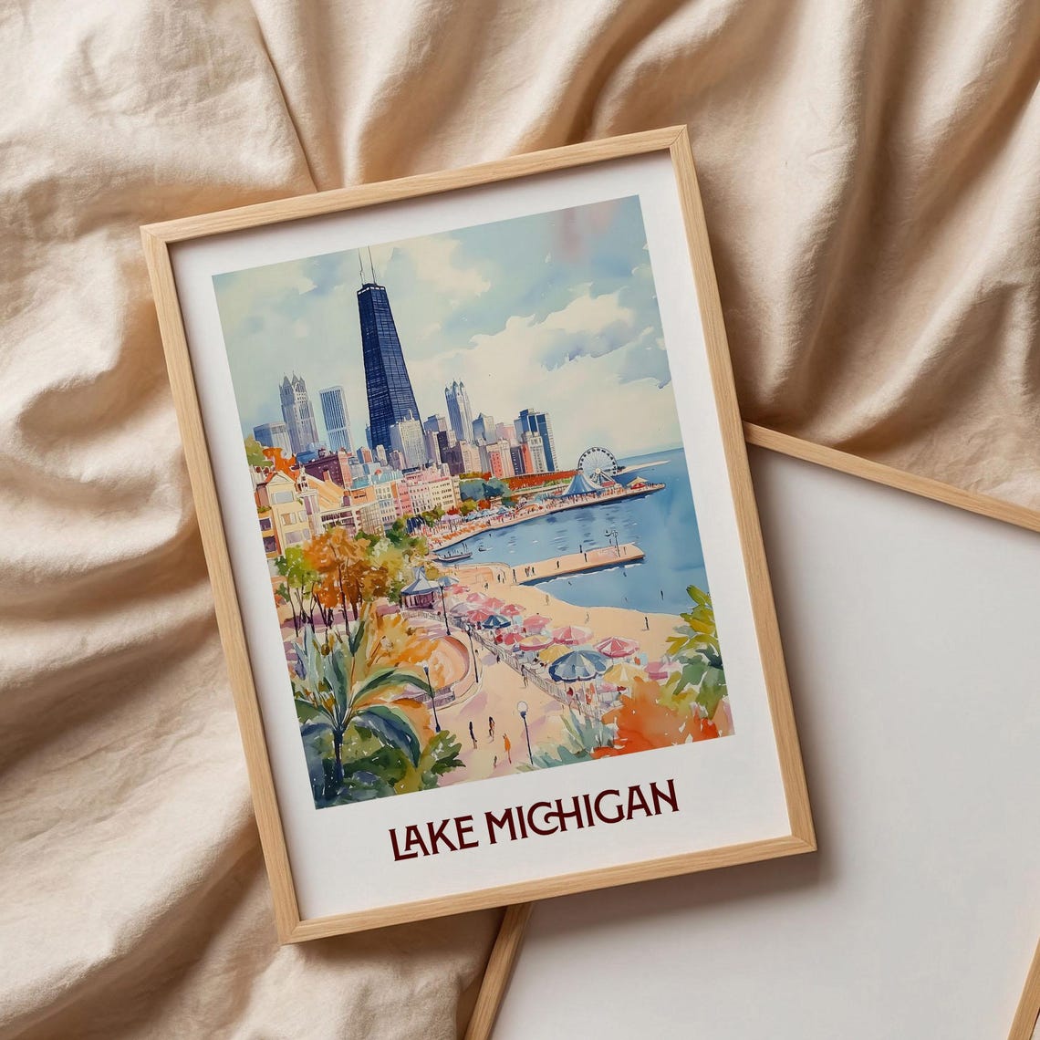 Lake Michigan Chicago Skyline Beach Watercolor Travel Poster - Image 3