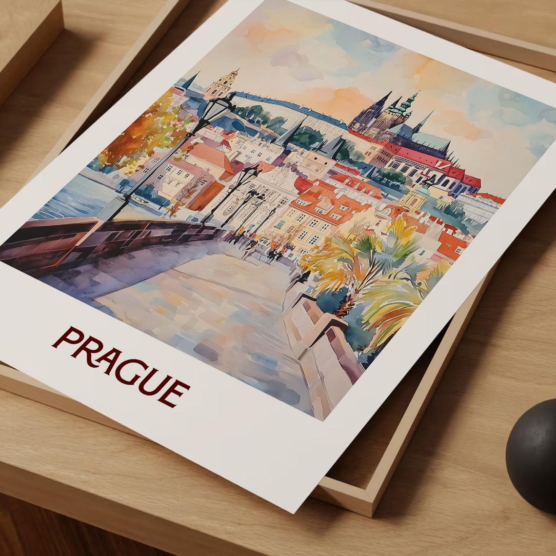 Prague Watercolor Castle Skyline Historic Bridge View Poster - Image 2