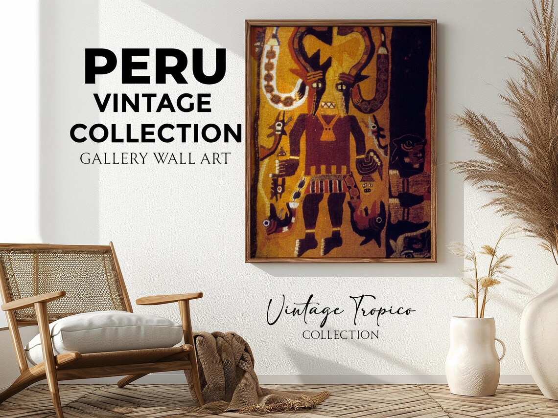 Ancient Peruvian Tapestry Golden Figure Serpent Motifs Vintage Wall Art