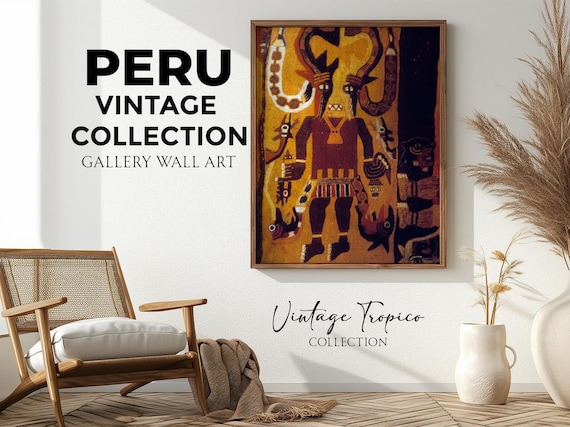 Ancient Peruvian Tapestry Golden Figure Serpent Motifs Vintage Wall Art