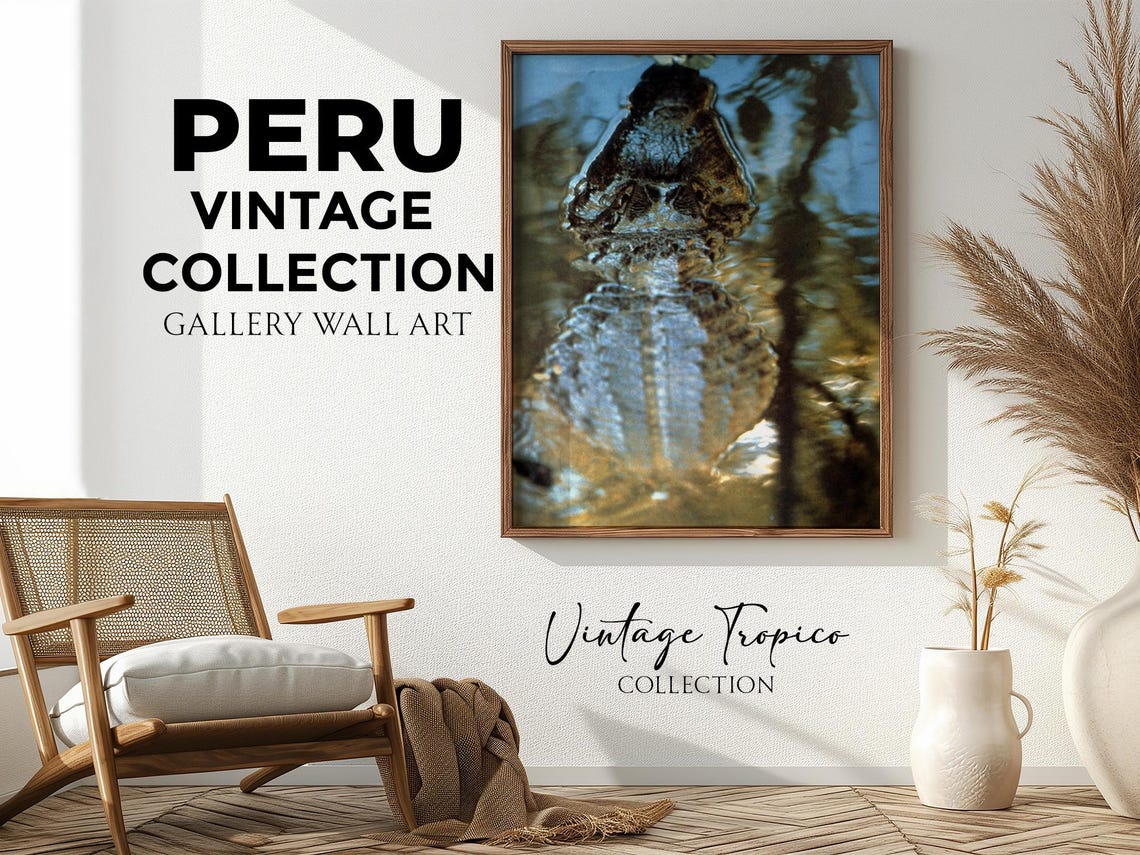 Amazon Caiman Head Water Reflection Vintage Wildlife Nature Wall Art