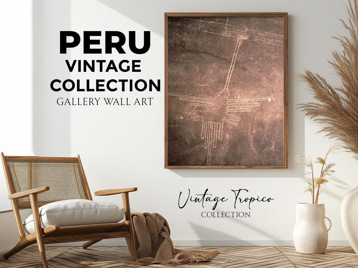 Nazca Lines Hummingbird Geoglyph Aerial View Vintage Peru Wall Art