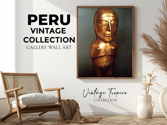 Ancient Peruvian Gold Statue Vintage Inca Treasure Museum Wall Art