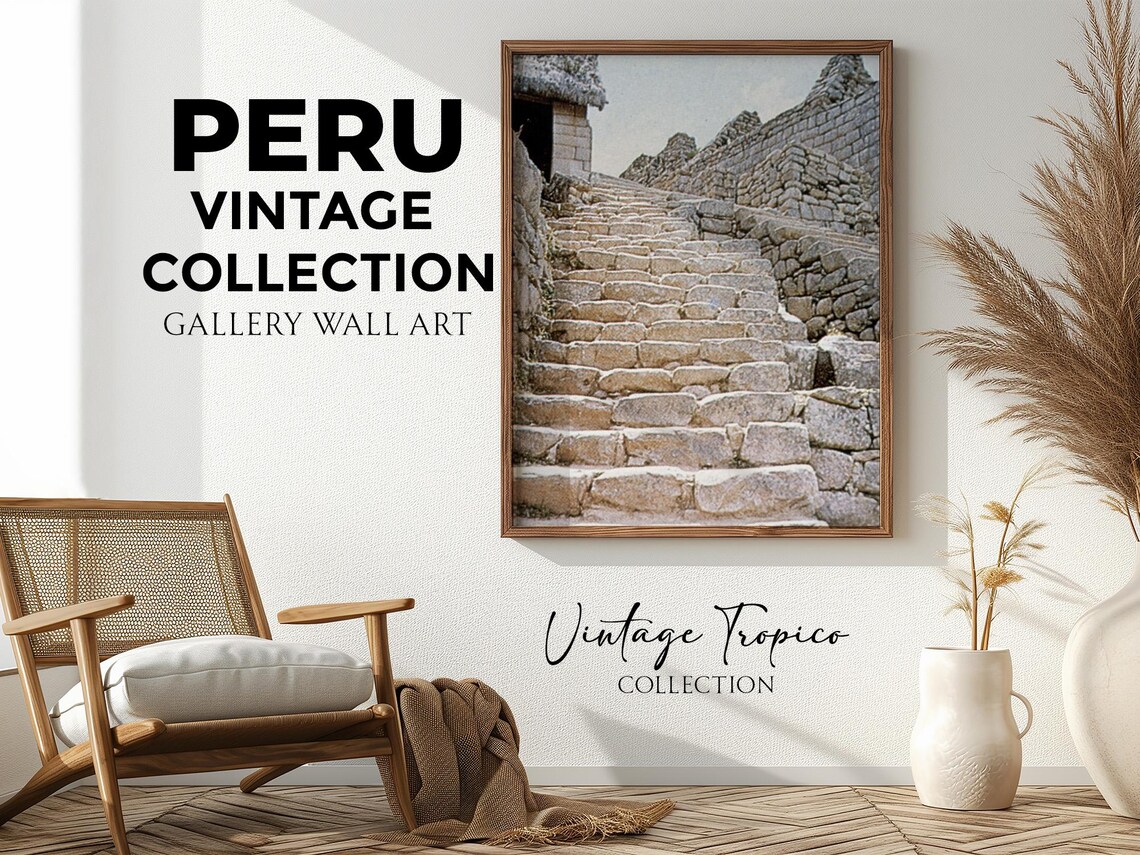 Machu Picchu Ancient Inca Stone Staircase Vintage Peru Travel Poster