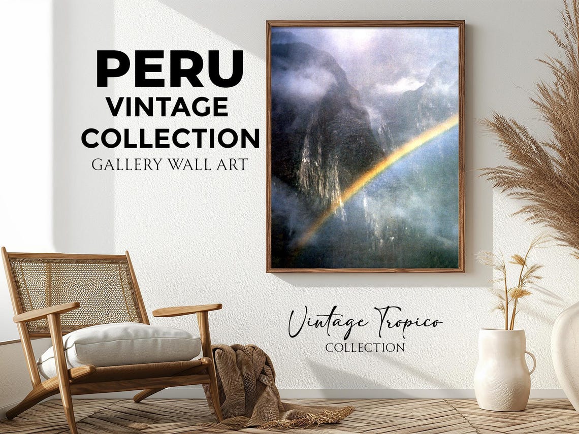 Machu Picchu Rainbow Over Misty Andean Peaks Vintage Peru Wall Art