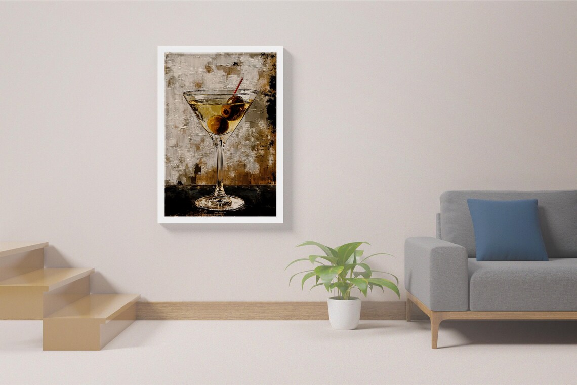 Dirty Martini Cocktail Painting With Olives Retro Bar Wall Art