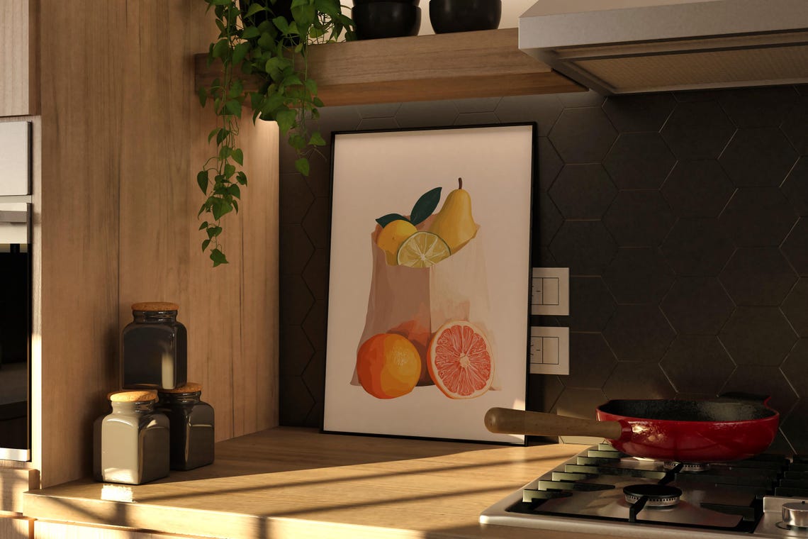 Minimalist Paper Bag Fruit Pears Citrus Kitchen Decor Poster