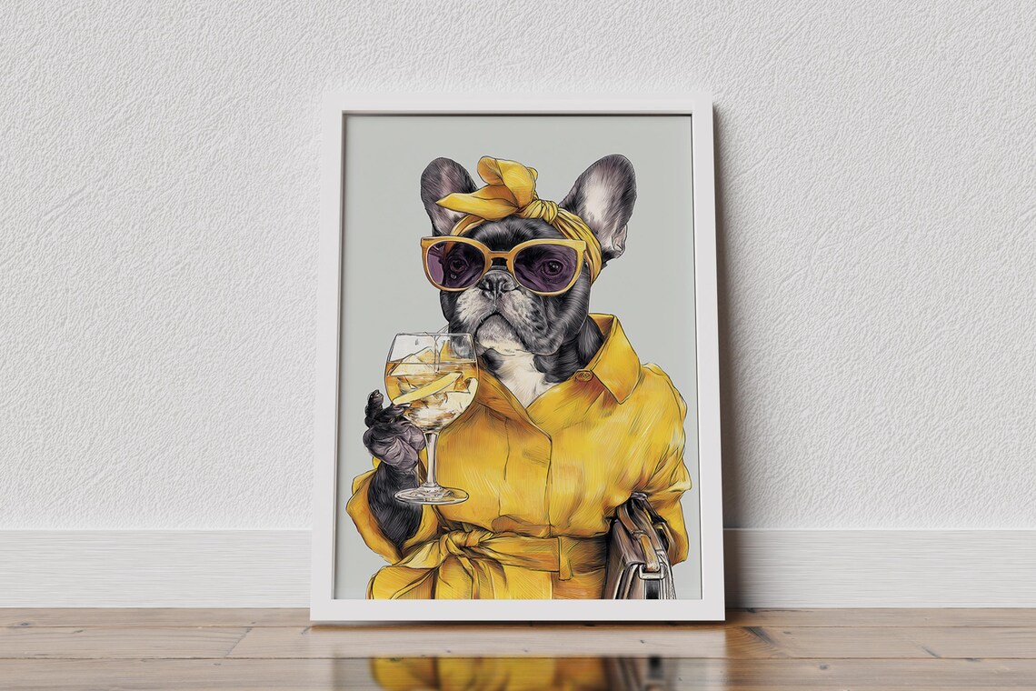 French Bulldog In Yellow Shirt Holding Wine Glass Portrait Print