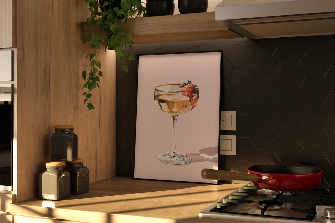 Blush Pink Strawberry Coupe Cocktail Elegant Bar Cart Wall Art