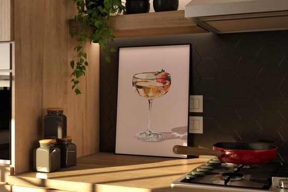 Blush Pink Strawberry Coupe Cocktail Elegant Bar Cart Wall Art