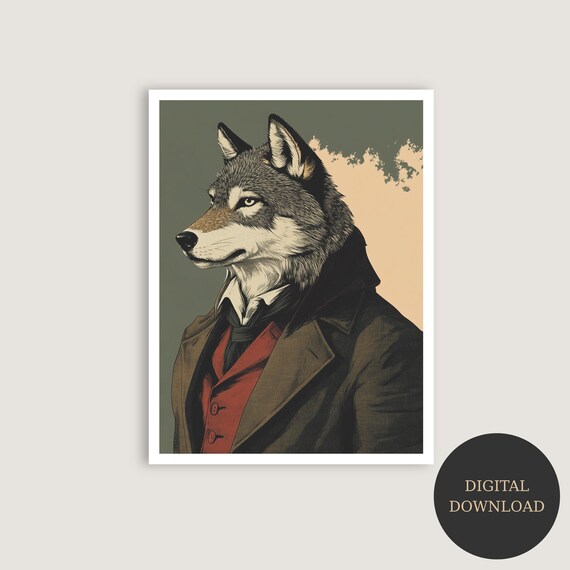 Gentleman Wolf Portrait Antique Style Animal Art