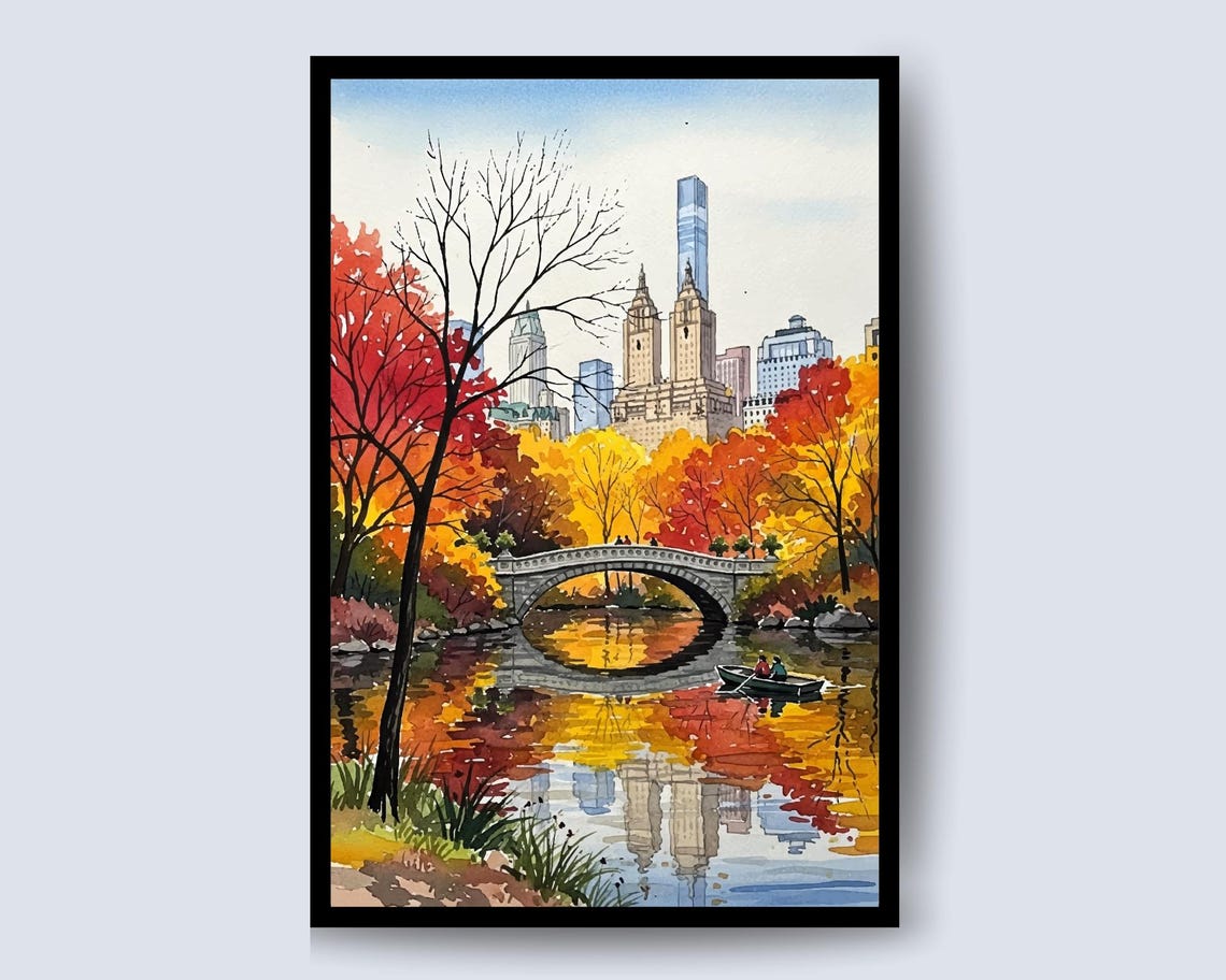 Central Park Bow Bridge Autumn Fall Foliage Lake View Poster