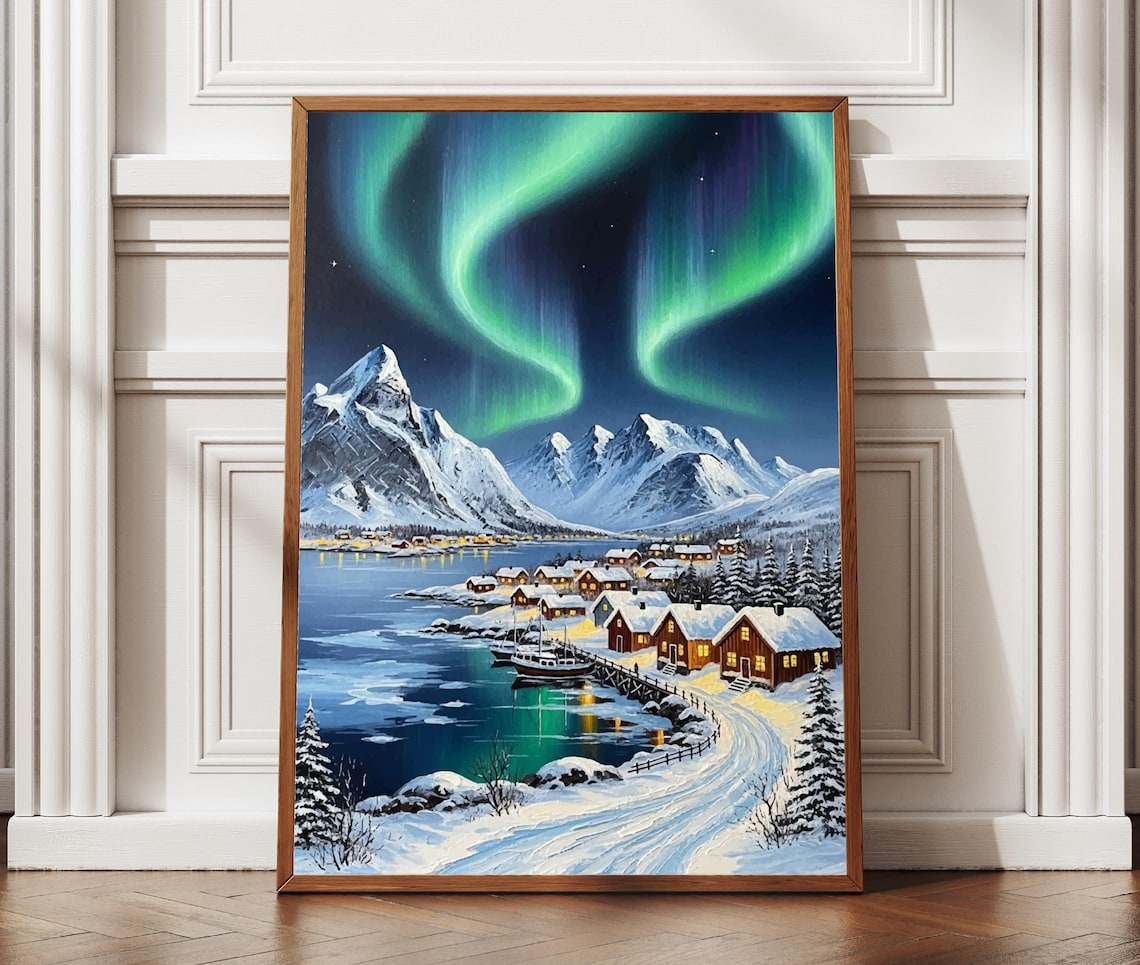 Northern Lights Over Snowy Fishing Village Winter Night Wall Art