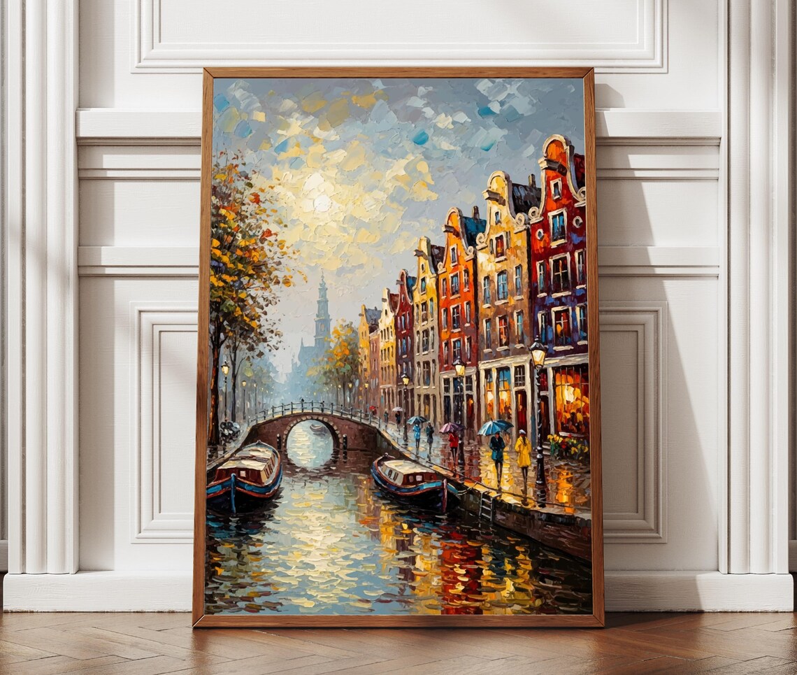 Amsterdam Canal Houses Autumn Oil Painting Netherlands Travel Poster