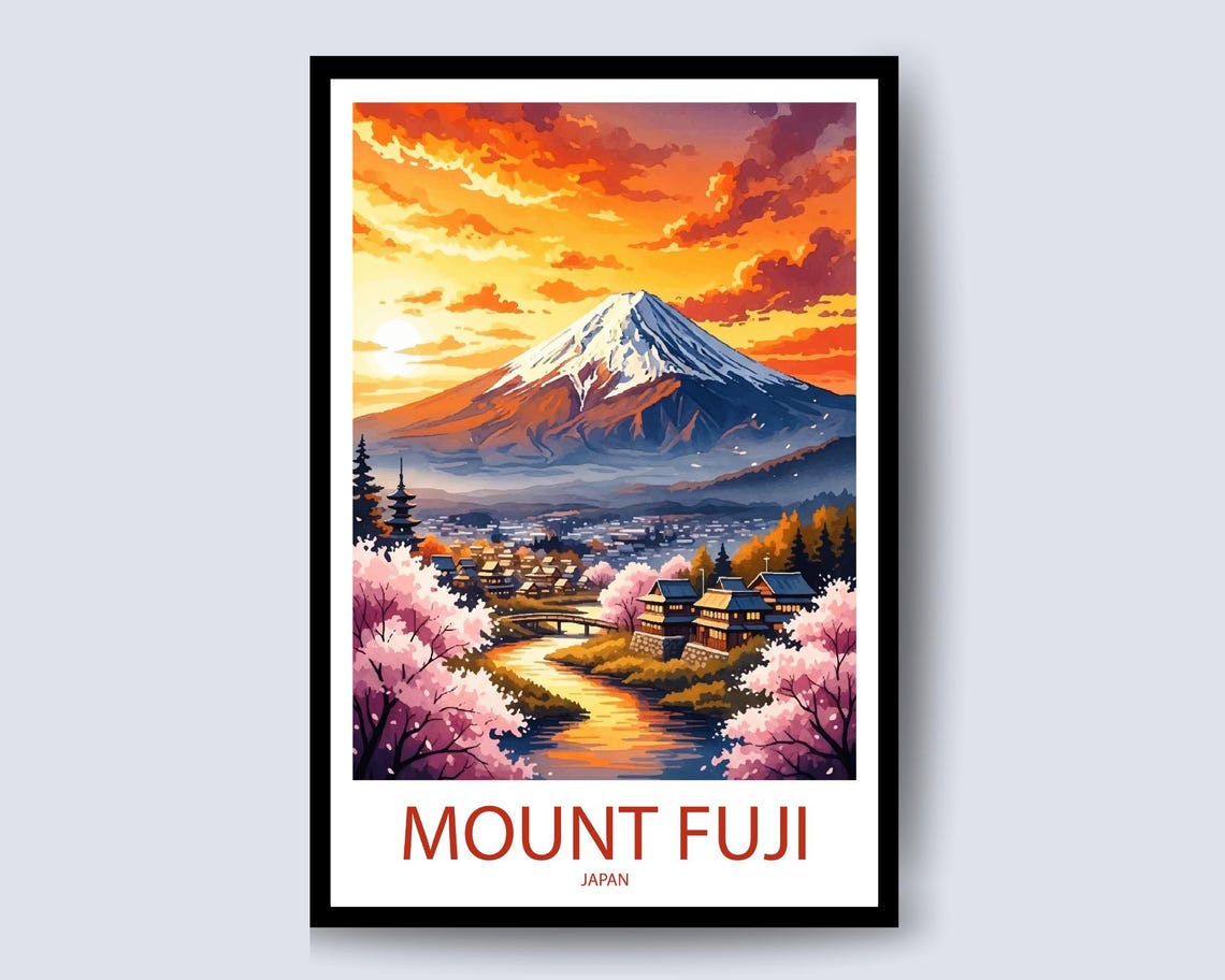 Mount Fuji Japan Village Sunset over Cherry Blossom River Poster
