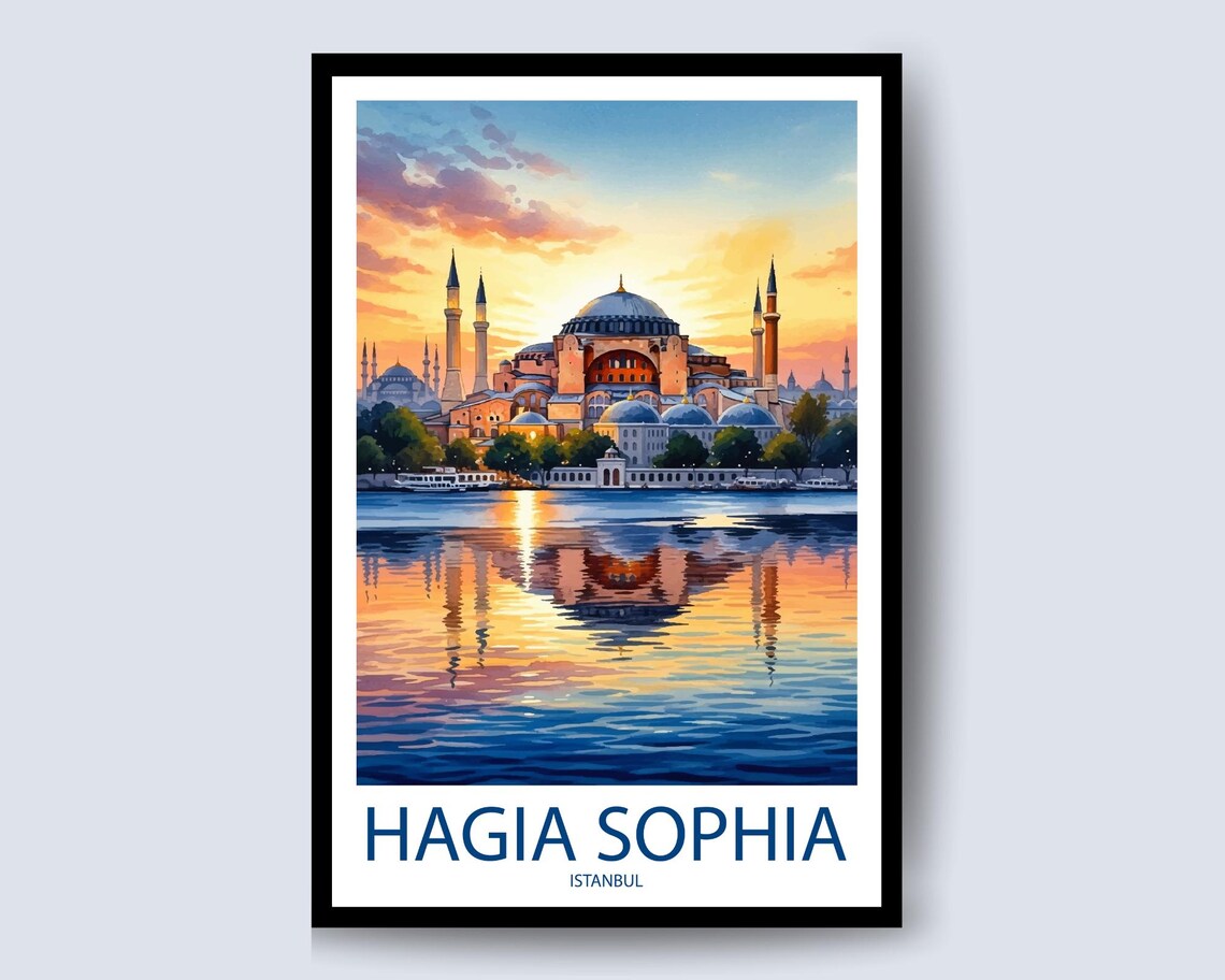 Hagia Sophia Istanbul Sunset Water Reflection Golden Sky Travel Poster