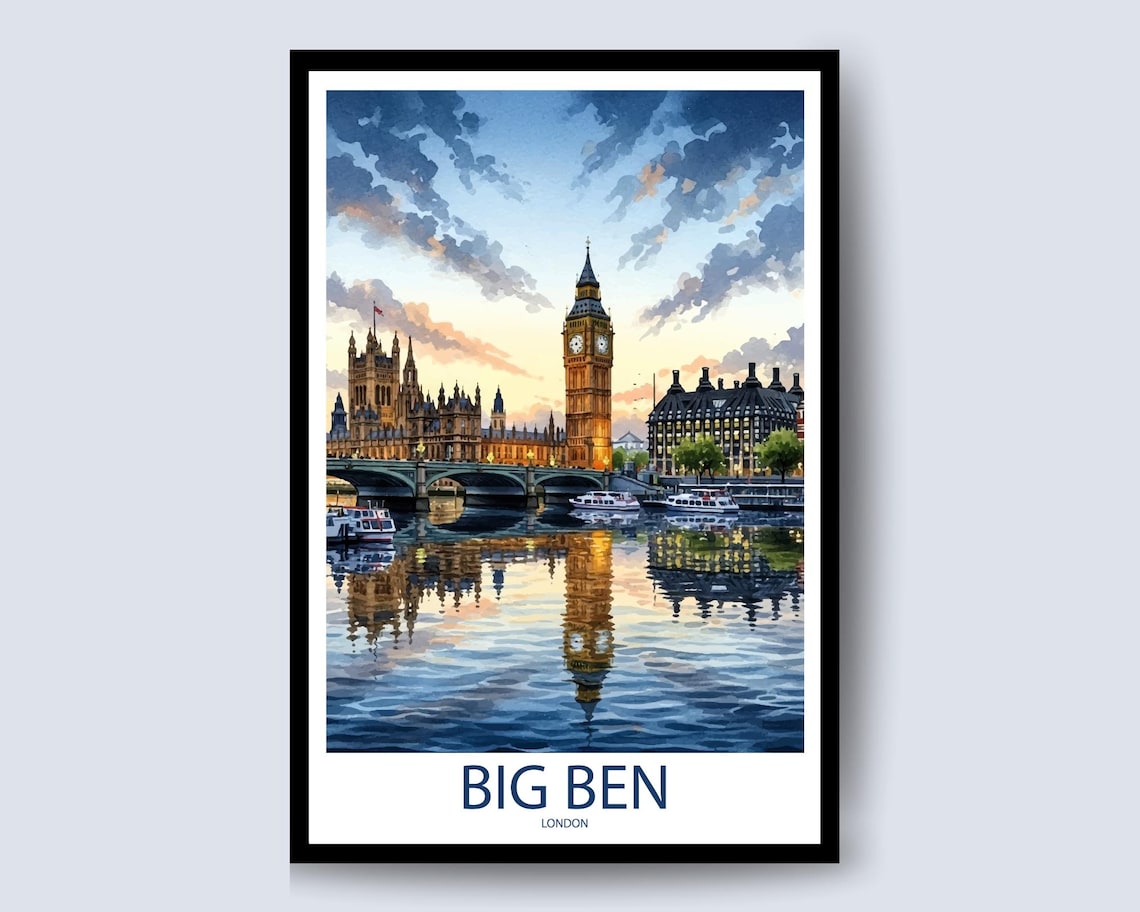 Big Ben Watercolor Sunset London Thames Skyline Travel Poster