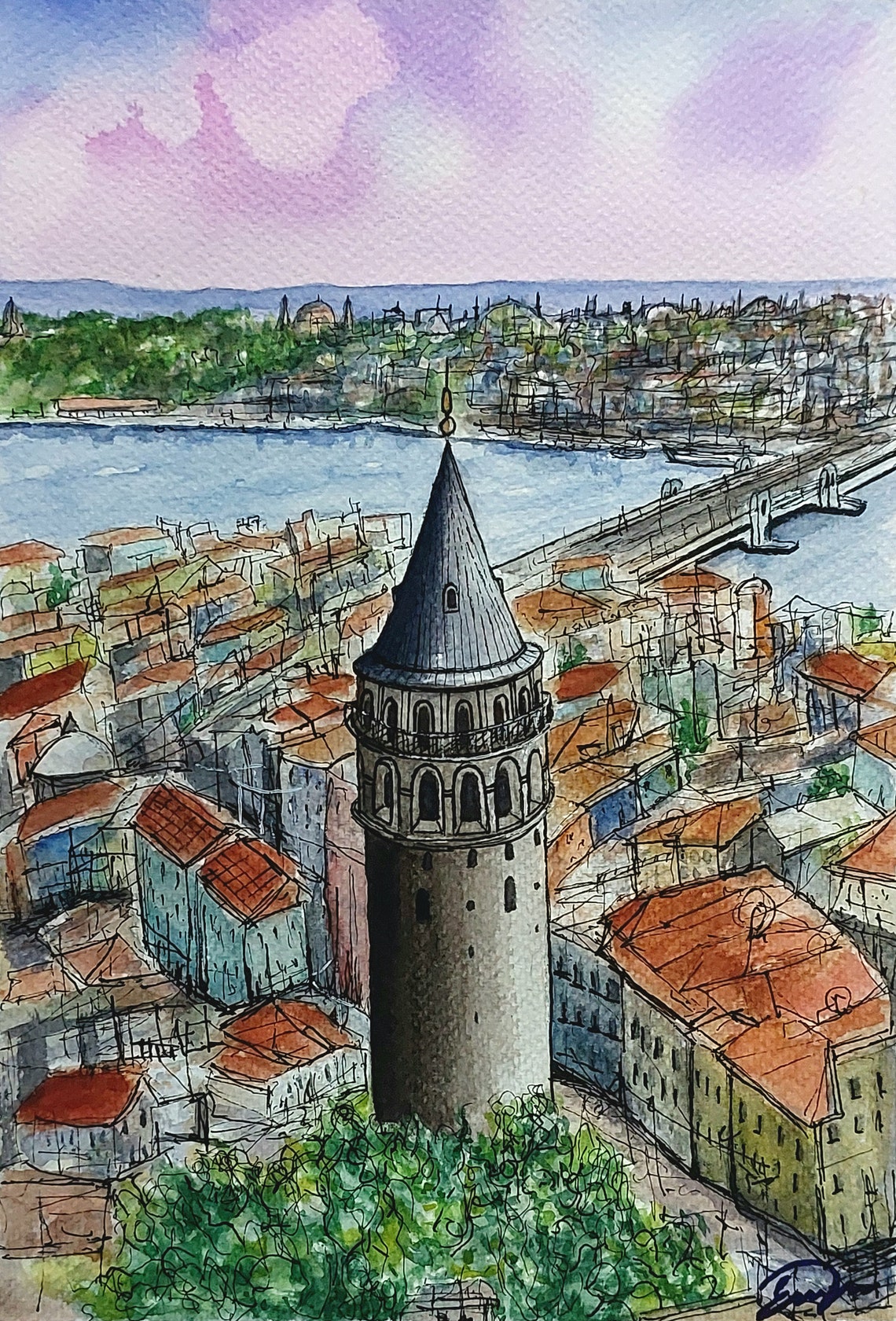 Galata Tower Istanbul Watercolor Aerial Bosphorus Cityscape Poster
