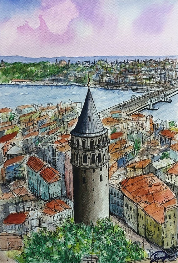 Galata Tower Watercolor Painting Istanbul Skyline Art Turkey Travel Gift