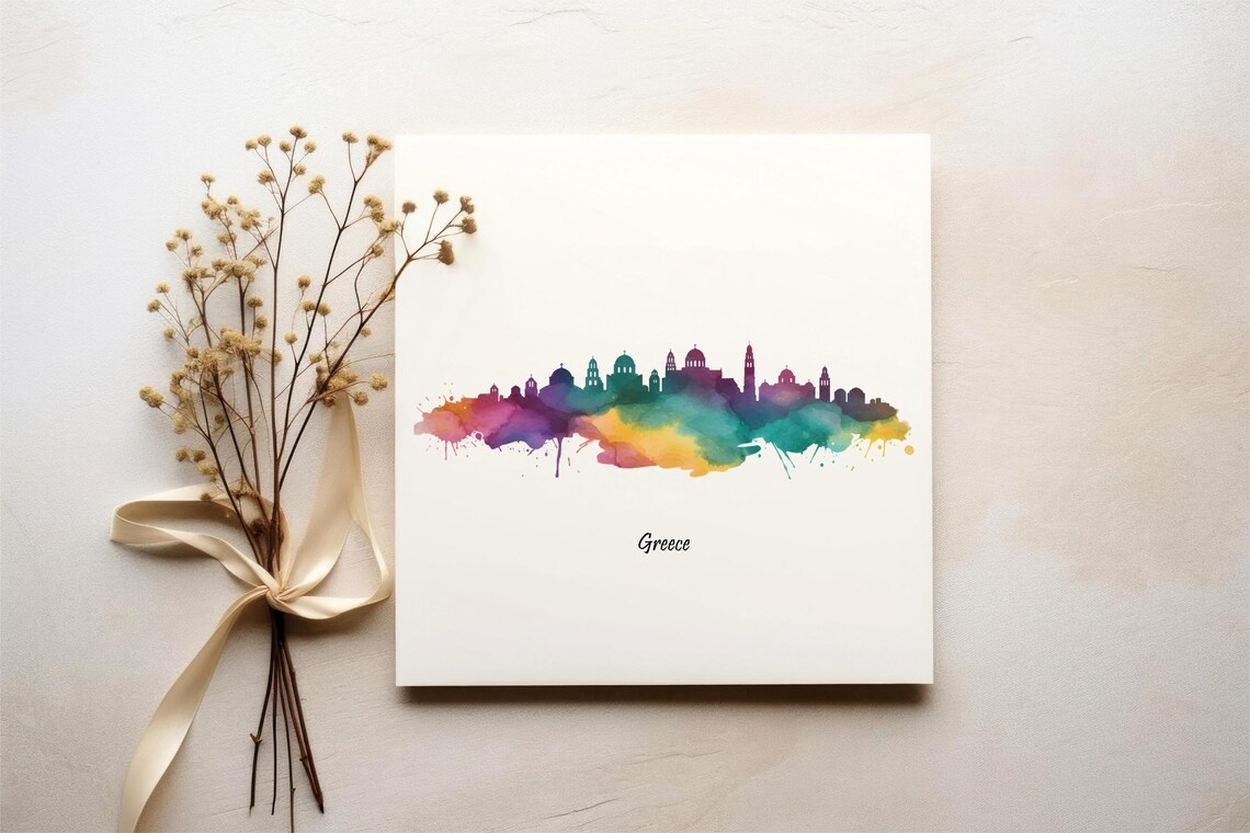 Greece Watercolor Island Skyline Colorful Travel Artwork Poster