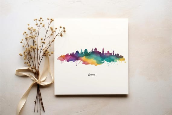 Watercolor Santorini Print Greece Skyline Wall Art
