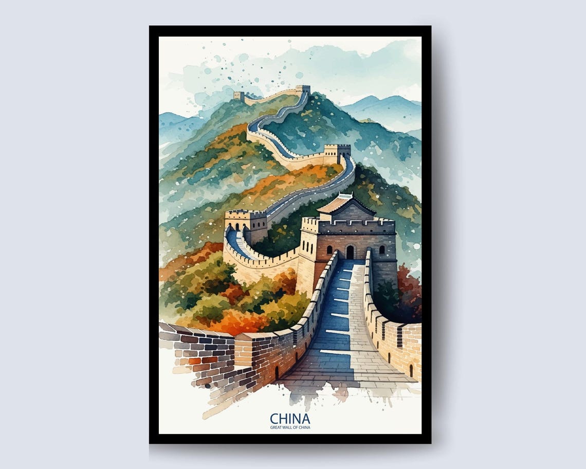 Great Wall Of China Watercolor Autumn Mountain Hills Travel Poster