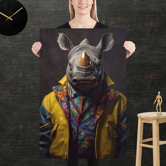 Rhino 80s Style Retro Poster Eighties Wall Art Living Room Funny Decor