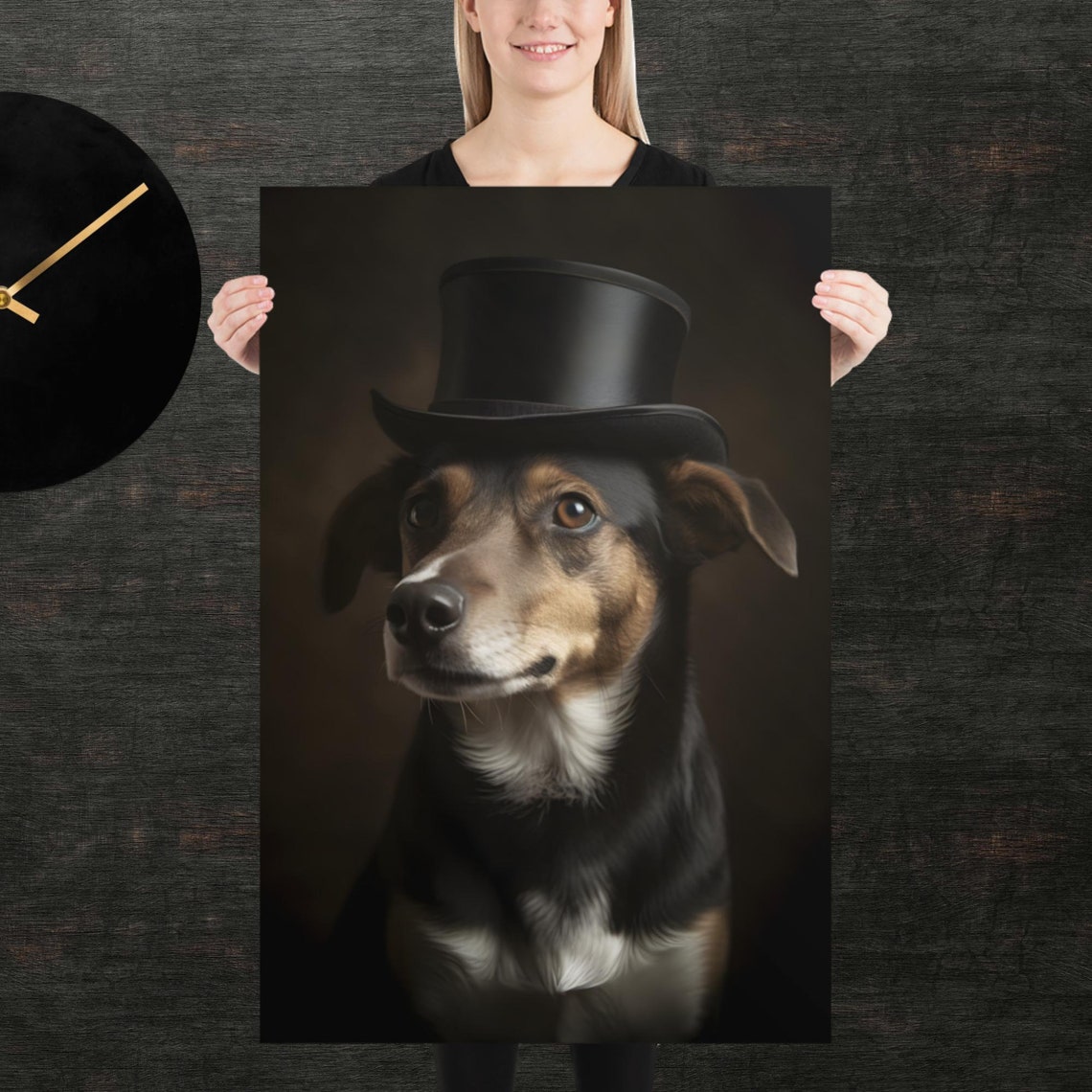 Loyal Dog Wearing Black Tophat Heartfelt Formal Portrait Poster