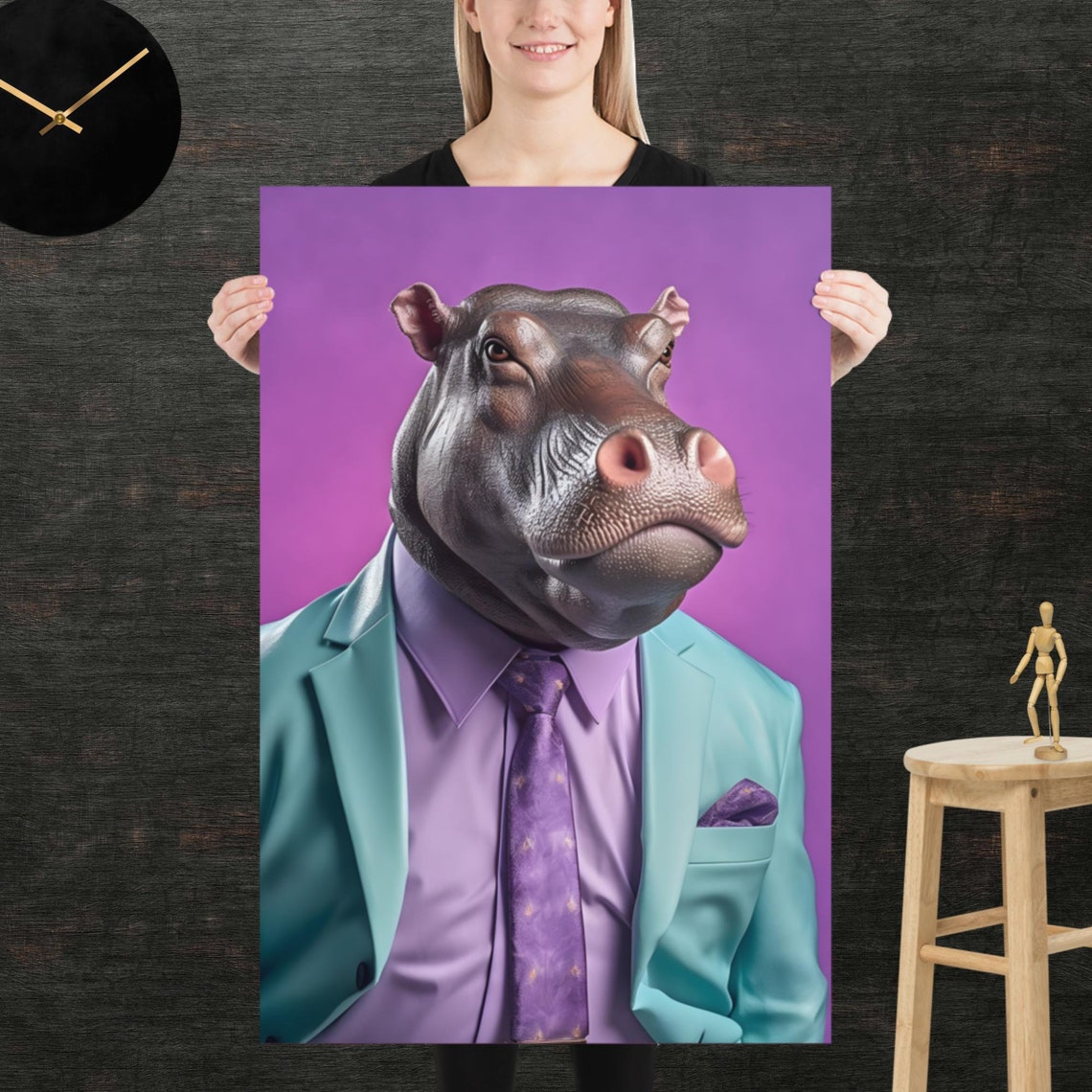 Hippo in Mint Suit and Purple Tie Bold 80s Retro Animal Poster