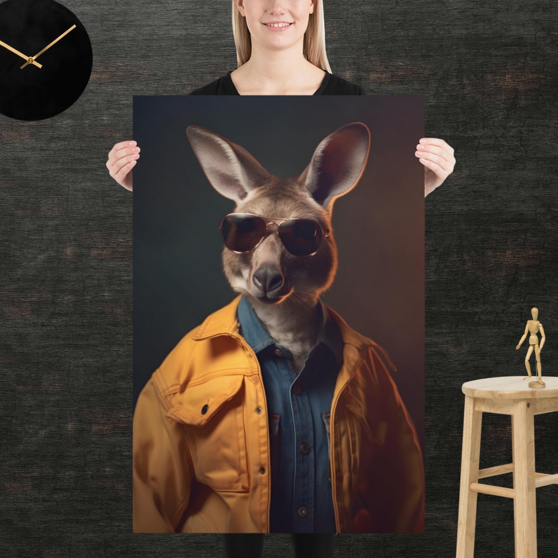 Kangaroo Wearing Aviator Sunglasses Mustard Jacket 80s Poster