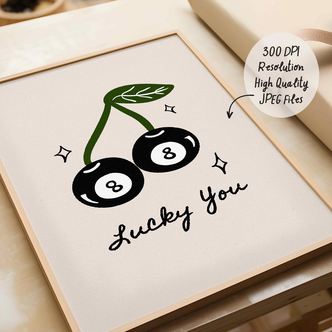 Lucky You 8 Ball Cherries Hand Drawn Trendy Retro Good Luck Wall Art - Image 2