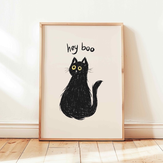 Hey Boo Cute Black Cat Funny Minimal Halloween Quote Wall Art