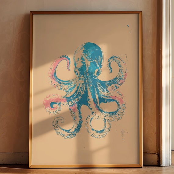 Octopus Retro Print Pink Blue Wall Decor Octopus Kitchen Print Fish Art Kitchen Poster Colorful Kitchen Art Trendy Vintage Art