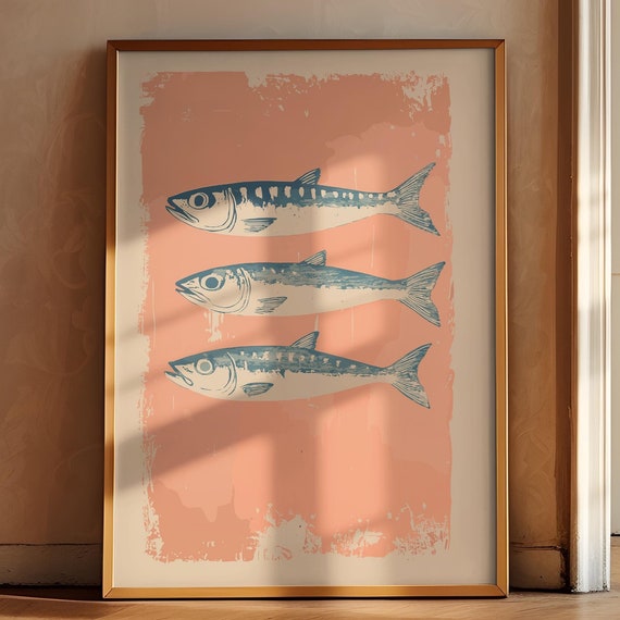 Japanese Poster Art Trendy Blue Fish Print Mackerel Vintage Pink Wall Decor Farmhouse Poster Kitchen Food Drawing Retro Kitchen Art