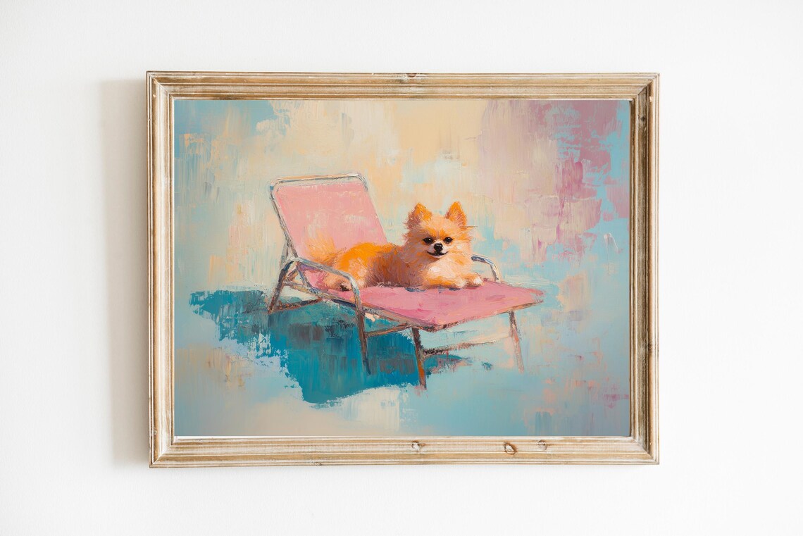Pomeranian Lounging on Pink Beach Chair Pastel Painting Art Poster